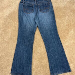 Y2K Inked & Faded Classic Flare Embroidered Stretch Jeans Size 10 Whiskered